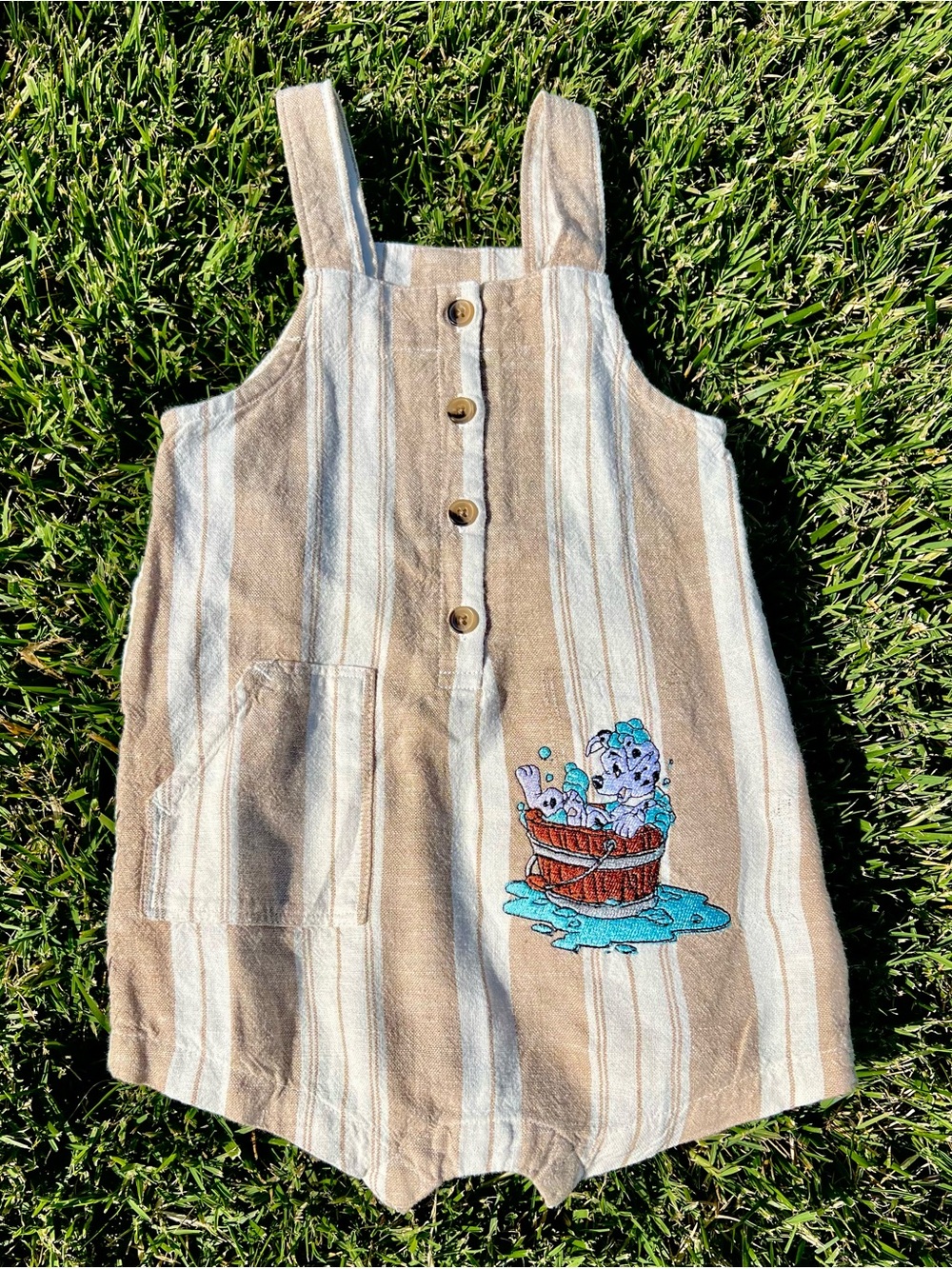 Striped Tan & White Kids Romper with Embroidered Dalmatian